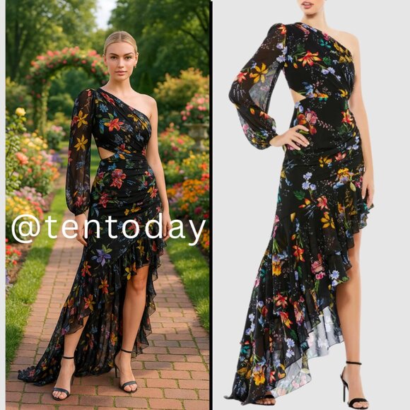 Mac Duggal 55668 Size 2 Black Floral One Sleeve Cut Out Ruffled Maxi Dress Gown - Picture 1 of 5